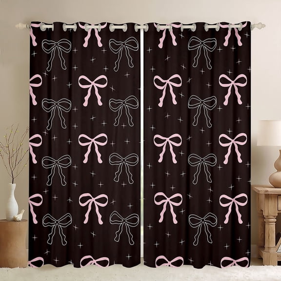 Feelyou Black Pink Bowknot Blackout Curtains Set of 2 (52x84 Each), Princess Ribbon Bow Window Curtains, Cartoon Fairy Tale Curtains and Drapes, Window Curtains Room Decor