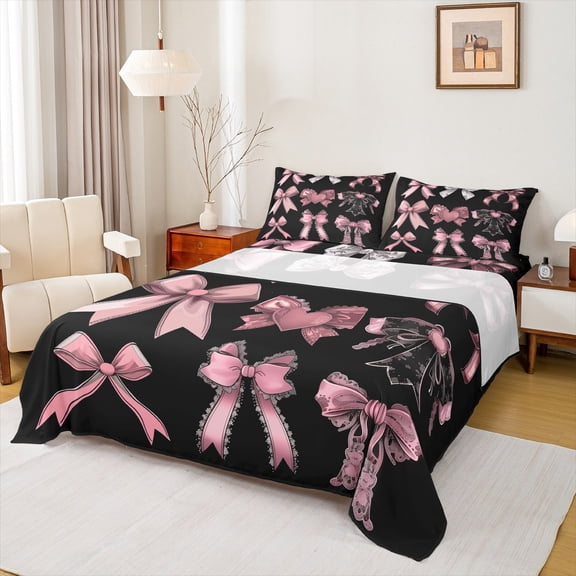 Feelyou Black Pink Bowknot Full Size Sheets, Vintage Fashion Bow Bed Sheets, Fairy Tale Princess Sheet Sets, Ultra Soft Bedroom Decor, 4-Piece