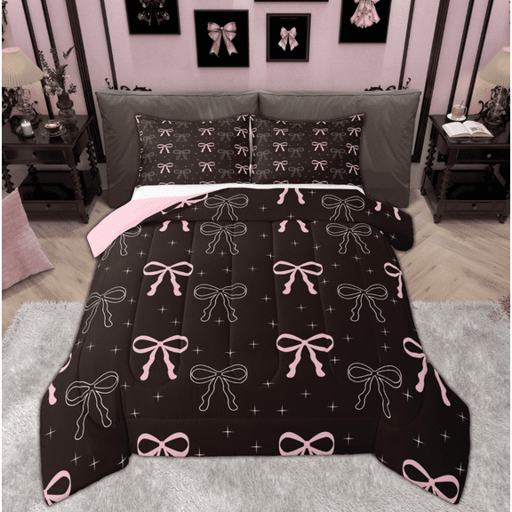 Feelyou Black Pink Bowknot Queen Comforter Set, Princess Ribbon Bow Bedding Sets, Cartoon Fairy Tale Reversible Bedding Comforter Set, Lightweight Room Decor, 3pcs
