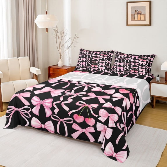 Feelyou Black Pink Bowknot Queen Sheet Sets, Kawaii Ribbon Cherry Bed Set, 4-Piece