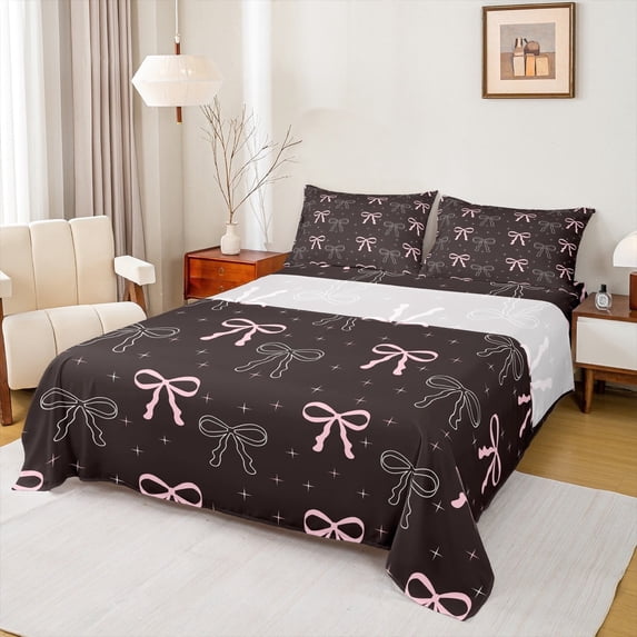 Feelyou Black Pink Bowknot Queen Sheet Sets, Princess Ribbon Bow Flat Sheet, Cartoon Fairy Tale Queen Fitted Sheet, Lightweight Room Decor, 4pcs