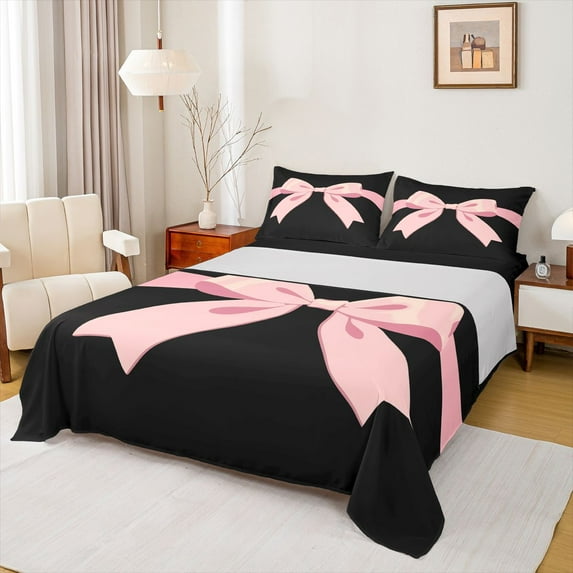 Feelyou Black Pink Bowknot Twin Sheet Sets for Girls, Kawaii Bow-tie Ribbon Twin Fitted Sheet, Cute Princess Style Flat Sheet, Lightweight Room Decor, 3 Pieces
