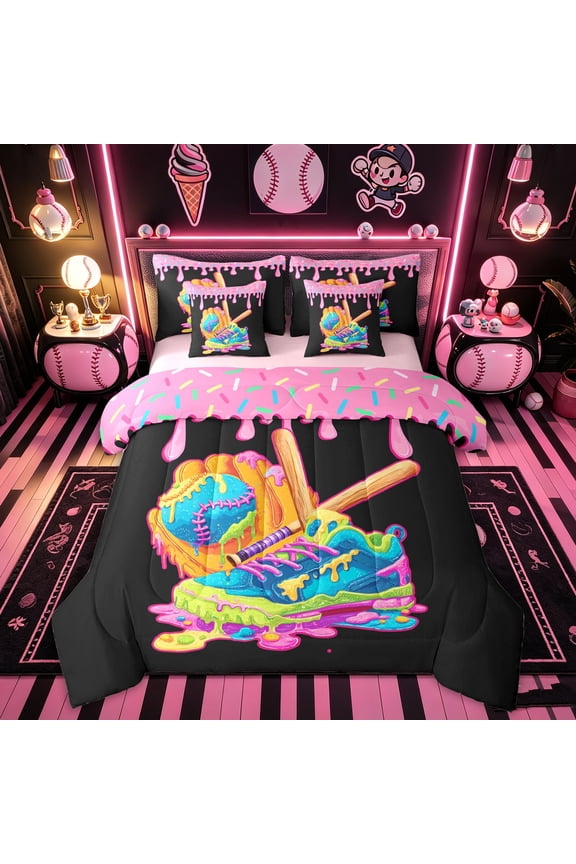 Black Pink Ice Cream Baseball Twin Bedding for Kids, Graffiti Sneaker Glove Bedding Comforter Set, Pink Reversible, 7 Pieces