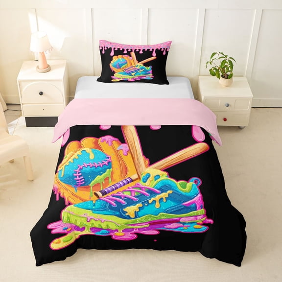 Feelyou Black Pink Ice Cream Baseball Twin Duvet Cover for Kids, Graffiti Sneaker Glove Twin Bedding, Pink Reversible, 2 Pieces, 1 Duvet Cover and 1 Pillowcase