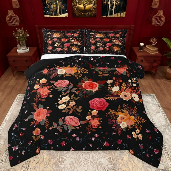 Feelyou Black Pink Rose Bedding Comforter Set, Vintage Bohemian Blossoms Flower Twin Comforter Sets, Teens Kids Girls Women Reversible Bedding Set, Super Cozy Room Decor, 2 Pieces