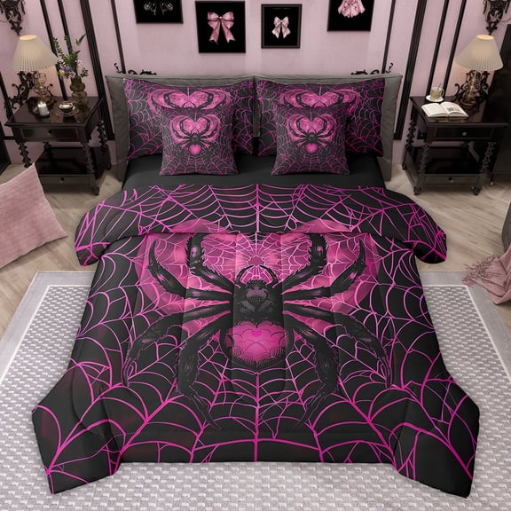 Feelyou Black Pink Spider Bedding Comforter Set 7pcs, Romantic Love Heart King Bedding Sets, Dreamy Couple Anniversary Reversible Bed Sheets, Microfiber Bedroom Decor