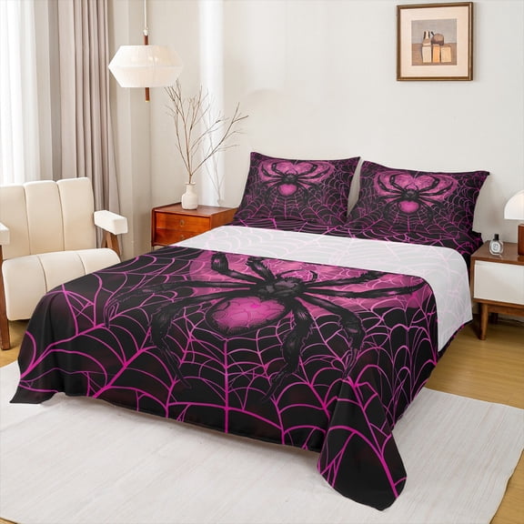 Feelyou Black Pink Spider Queen Sheet Sets, Romantic Love Heart Flat Sheet, Dreamy Couple Anniversary Queen Fitted Sheet, Microfiber Bedroom Decor, 4 Pieces