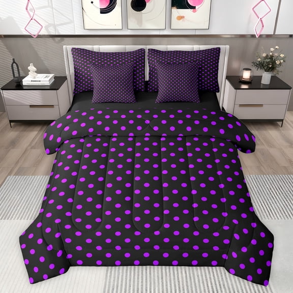 Feelyou Black Purple Abstract Comforter Set 7pcs, Simple Polkadot Queen Bedding Sets