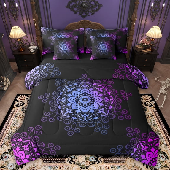 Feelyou Black Purple Damask Comforter Set 7pcs, Boho Mandala Flower King Bedding Sets