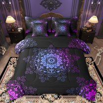 Feelyou Black Purple Damask Twin Bedding Sets 7pcs, Boho Mandala Flower Comforter Set