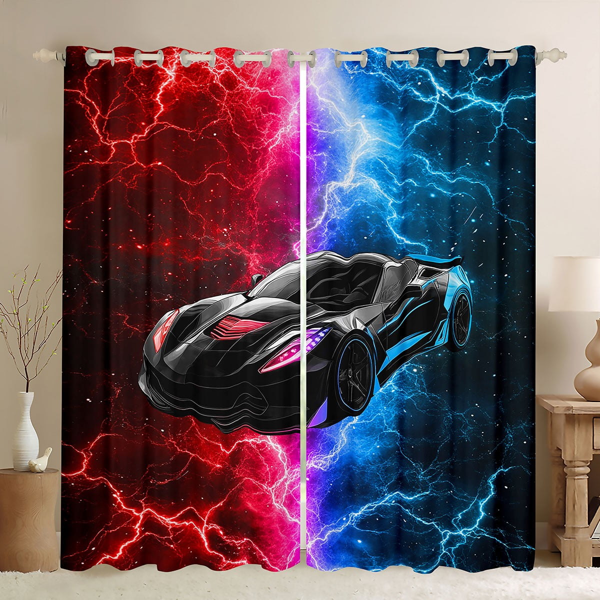 Feelyou Black Racing Car Curtains and Drapes Red Blue Lightning Black Feelyou Black Racing Car Curtains and Drapes Red Blue Lightning Black