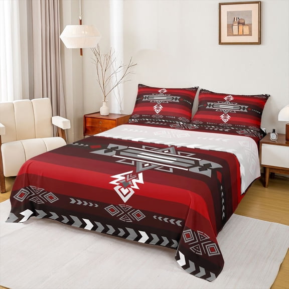 Feelyou Black Red Aztec Bed Sheets, Vintage Fashion Abstract King Sheets, 4-Piece