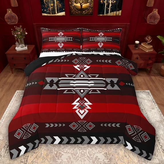 Feelyou Black Red Aztec Full Size Comforter Sets, Fashion Abstract Bedding Sets, 3pcs