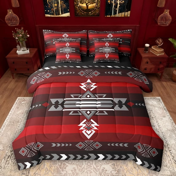 Feelyou Black Red Aztec Twin Bedding Sets 7pcs, Fashion Abstract Bedding Comforter Set