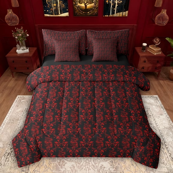 Feelyou Black Red Boho Snake Comforter Set 7pcs, Rustic Mandala Damask Queen Bedding Sets