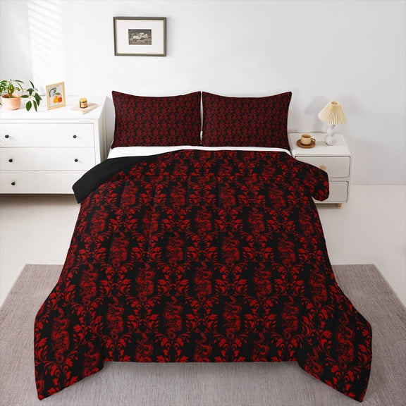 Feelyou Black Red Boho Snake Twin Comforter Sets, Rustic Mandala Damask Bedding Set, 2pcs