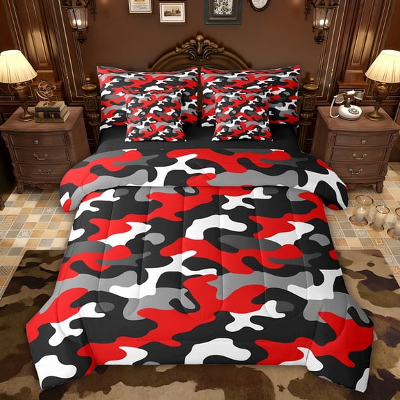 Feelyou Black Red Camo Bedding Comforter Set 7pcs, Cartoon Camouflage Queen Bedding Sets