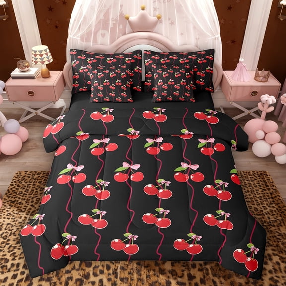 Feelyou Black Red Cherry Bedding Comforter Set 7pcs, Princess Cartoon Queen Bedding Sets