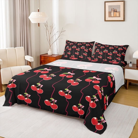 Feelyou Black Red Cherry Full Size Sheets, Princess Cartoon Style Bed Sheets, 4pcs