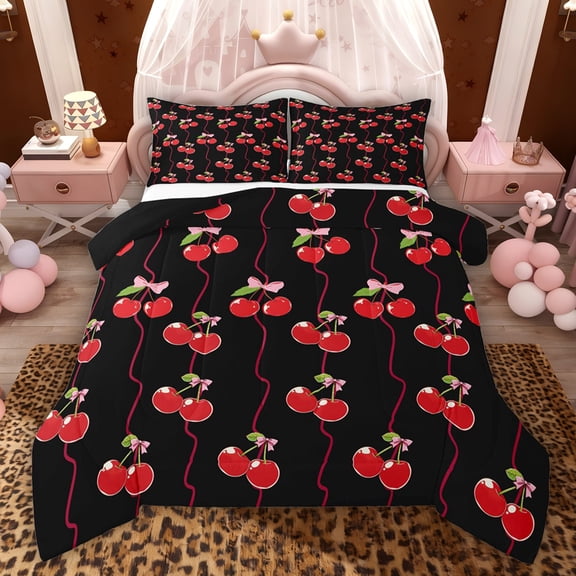 Feelyou Black Red Cherry Queen Comforter Set, Princess Cartoon Bedding Comforter Set, 3pcs