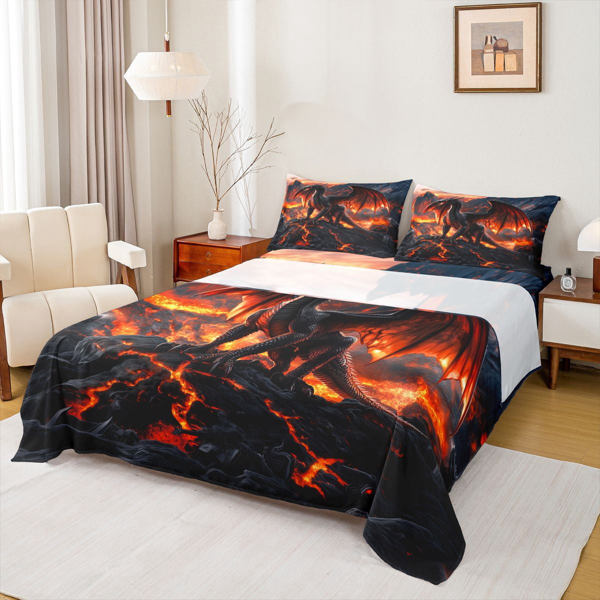 Red Volcano Set Feelyou Black Red Dragon Queen Sheet Sets for Boys Men Kids, Volcanic ...