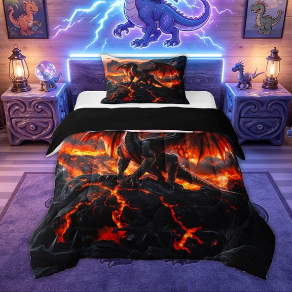 Feelyou Black Red Dragon Twin Comforter Sets for Boys Men Kids, Volcanic Cartoon Animal Bedding Set, Black Reversible, 2pcs