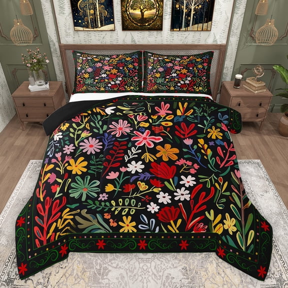 Feelyou Black Red Floral Queen Comforter Set, Flower Botanical Bedding Sets, Vintage Farmhouse Style Reversible Bedding Comforter Set, Breathable Home Decor, 3 Pieces