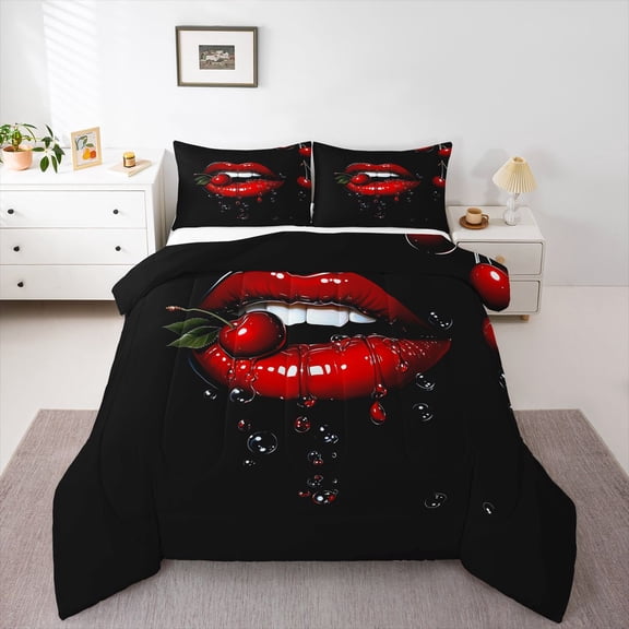 Feelyou Black Red Lips Queen Comforter Set, Fashion Cherry Teen Bedding Set, 3pcs