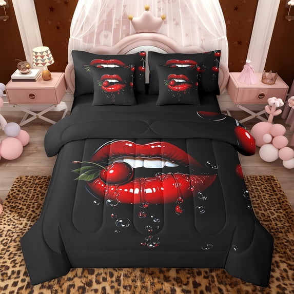Feelyou Black Red Lips Twin Bedding Sets 7-Piece, Fashion Cherry Bedding Comforter Set