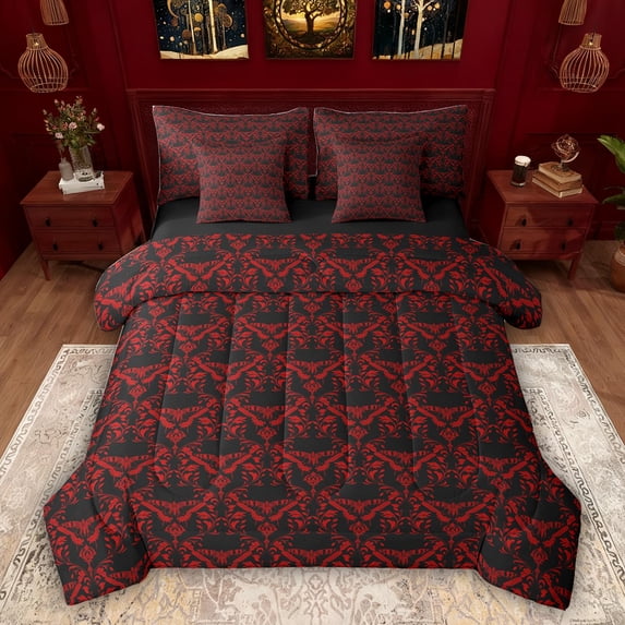 Feelyou Black Red Mandala Damask Comforter Set 7pcs, Rustic Butterfly Full Bedding Set
