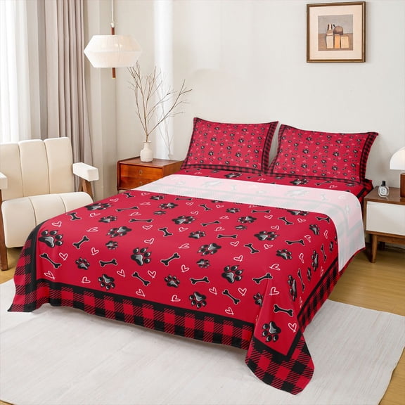 Feelyou Black Red Plaid Full Size Sheets, Kawaii Animal Style Bed Sheets, 4-Piece
