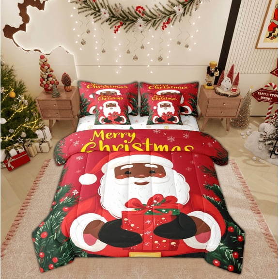 Feelyou Black Santa Claus Bedding Comforter Set 7 Pieces, Winter Christmas Full Bedding Set, Xmas Tree Gift Reversible Fitted Sheet Flat Sheet, Lightweight Room Decor