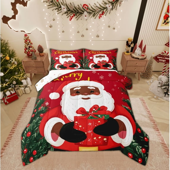 Feelyou Black Santa Claus Full Size Comforter Sets, Winter Christmas Bedding Comforter Set, Xmas Tree Gift Reversible Bedding Sets, Lightweight Room Decor,3 Pieces