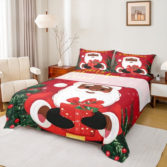 Feelyou Black Santa Claus Full Size Sheets, Winter Christmas Bed Sheets, Xmas Tree Gift Sheet Sets, Lightweight Room Decor,4 Pieces