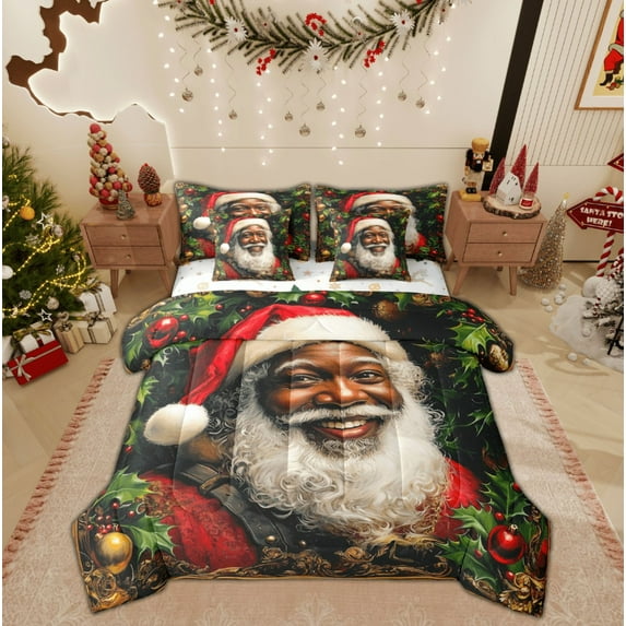 Feelyou Black Santa Claus Twin Bedding Sets 7-Piece, Dreamy Christmas Festival Bedding Comforter Set, Western Fairy Tale Reversible Sheet Sets, Breathable Home Decor