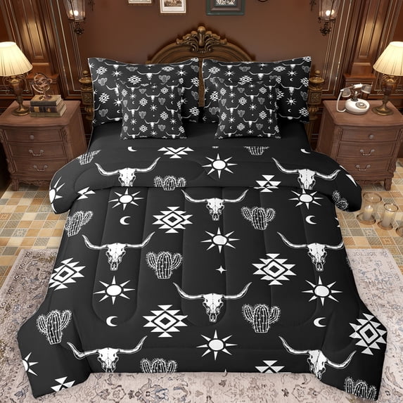 Feelyou Black Sheep Skeleton Bedding Comforter Set 7pcs for Men, Vintage Western Aztec Queen Bedding Sets, Hippie Bohemian Style Reversible Queen Sheet Sets, Luxury Bedroom Decor