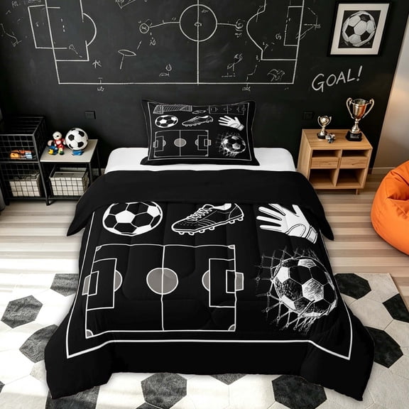 Feelyou Black Sketch Soccer Twin Comforter Sets for Boys, Football Goal Shoes Glove Bedding Set, Black Reversible, 2 Pieces, 1 Comforter and 1 Pillowcase