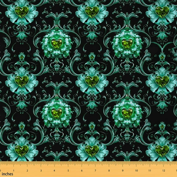 Feelyou Black Teal Damask Fabric by the Yard 1 Yard, Green Diamond Room Decor Fabric by the Yard, Western Romantic Fabric for Sewing, Microfiber Bedroom Decor
