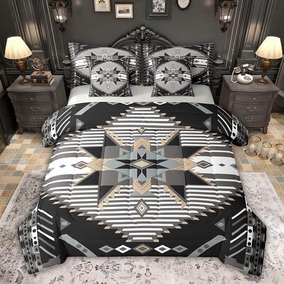Feelyou Black Triangle Aztec Bedding Comforter Set 7pcs, Boho Rustic Farmhouse Queen Bedding Sets, Grey Stripes Lines Reversible Queen Sheet Sets, Ultra Soft Bedroom Decor