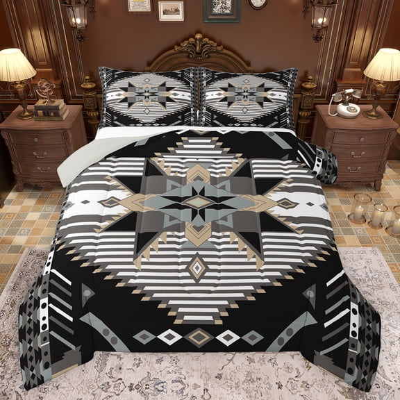 Feelyou Black Triangle Aztec Queen Comforter Set, Boho Rustic Farmhouse Bedding Sets, Grey Stripes Lines Reversible Bedding Comforter Set, Ultra Soft Bedroom Decor, 3-Piece