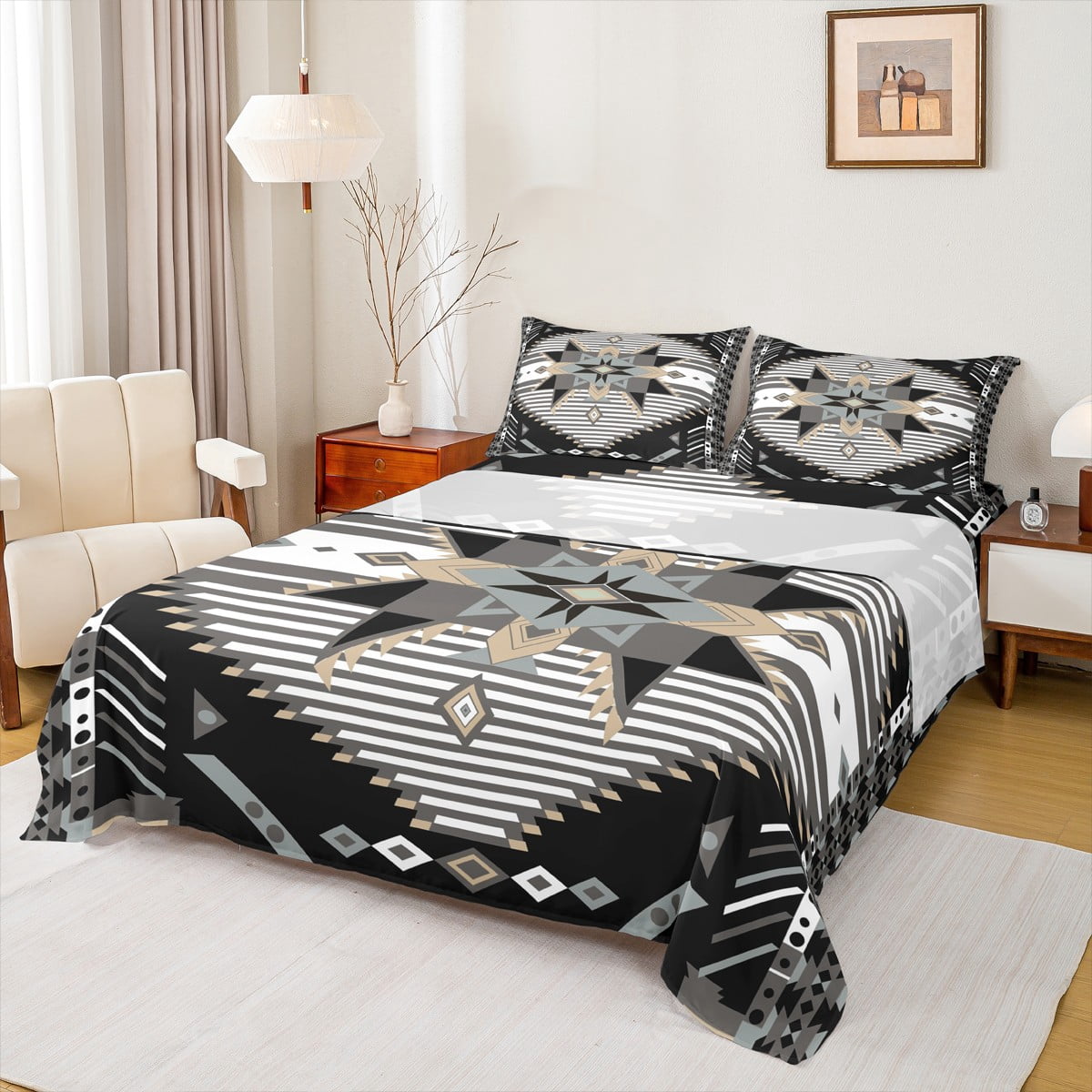 Feelyou Black Triangle Aztec Queen Sheet Sets, Boho Rustic Farmhouse ...