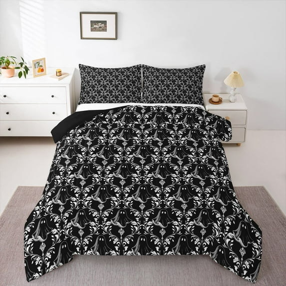 Feelyou Black Tribal Damask Twin Comforter Sets, Boho Gothic Ghost Bedding Set, 2pcs
