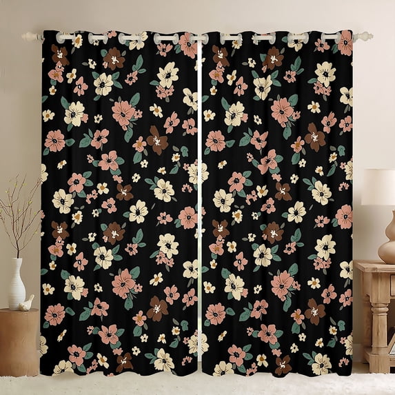 Feelyou Black Wheat Flower Curtains Pack of 2 (42x84 Each), Retro French Floral Curtains Blackout, Countryside Theme Bedroom Curtains, Curtains and Drapes Room Decor