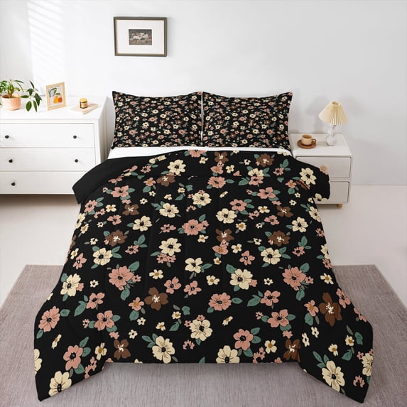 Feelyou Black Wheat Flower Full Size Comforter Sets, Retro French Floral Bedding Comforter Set, Countryside Theme Reversible Bedding Sets, Super Cozy Room Decor, 3-Piece