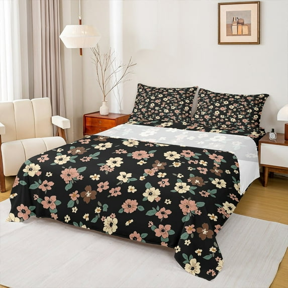 Feelyou Black Wheat Flower Full Size Sheets, Retro French Floral Bed Sheets, Countryside Theme Sheet Sets, Super Cozy Room Decor, 4-Piece