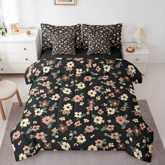 Feelyou Black Wheat Flower Twin Bedding Sets 7-Piece, Retro French Floral Bedding Comforter Set, Countryside Theme Reversible Sheet Sets, Super Cozy Room Decor