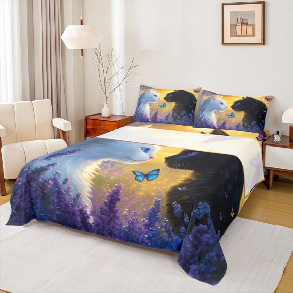 Feelyou Black White Cat Twin Sheet Sets, Dreamy Butterfly Lavender Twin Fitted Sheet, Romantic Valentines Day Flat Sheet, Breathable Home Decor, 3pcs