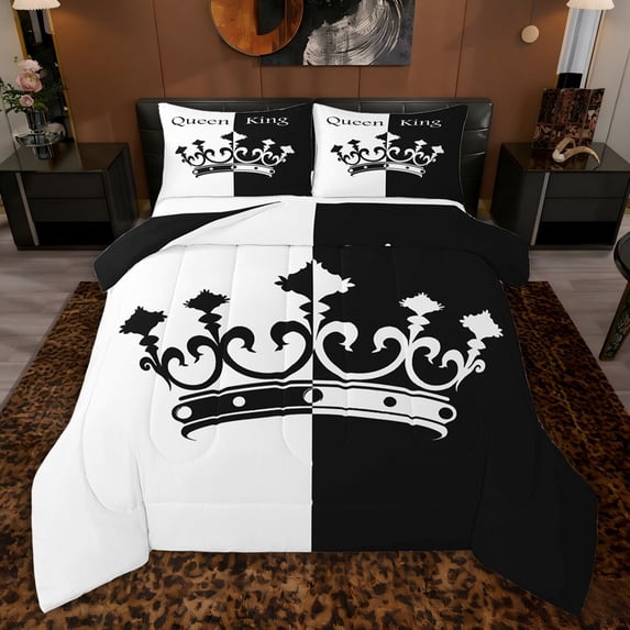 Feelyou Black White Crown Full Size Comforter Sets, Couple Anniversary Bedding Sets, 3pcs