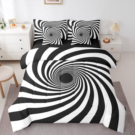 Feelyou Black White Geometric Bedding Comforter Set 7 Pieces for Kids, Abstract Spiral Full Bedding Set, Modern Fashion Reversible Fitted Sheet Flat Sheet, Ultra Soft Home Decor