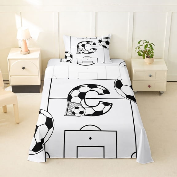 Feelyou Black White Honeycomb Soccer Twin Sheets for Kids, Letter C Goal Theme Bedding, 3 Pieces, 1 Flat Sheet, 1 Fitted Sheet and 1 Pillowcase